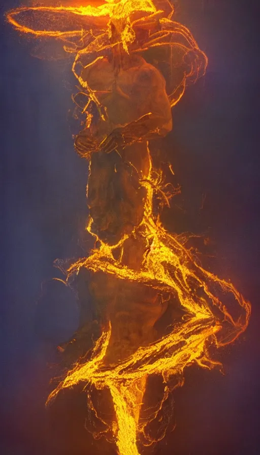 Prompt: a surreal painting of a god made of golden fire, volumetric lighting