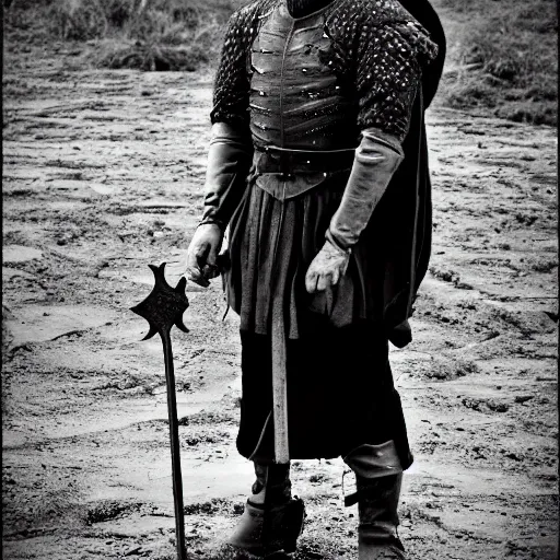 Image similar to Medieval squire with medieval clothes. Standing in the mud. Black & White photo.