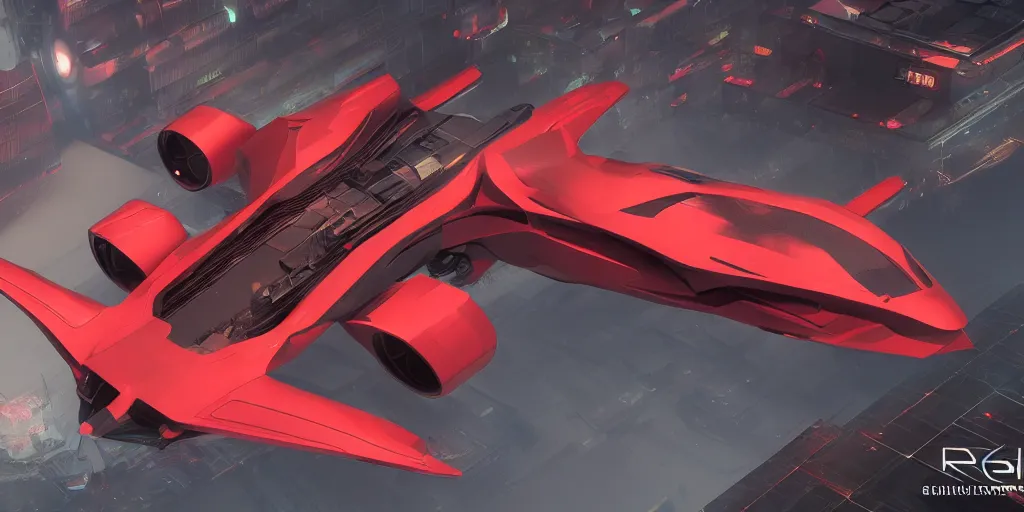 Prompt: cyberpunk concept inspired jet, futuristic look, highly detailed body, aerodynamic body, photorealistic camera shot, bright studio setting, studio lighting, crisp quality and light reflections, unreal engine 5 quality render, red and black tones, isometric view