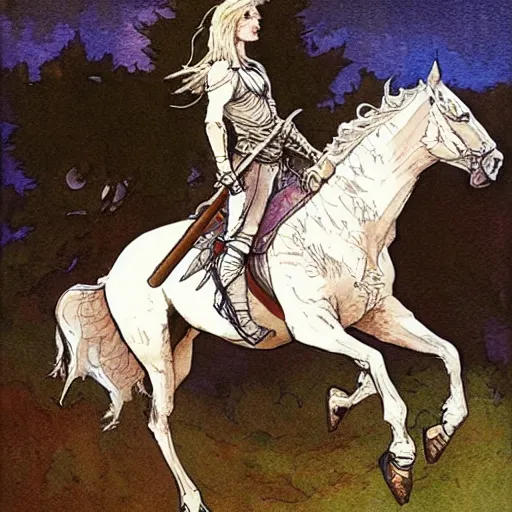 Image similar to a realistic and atmospheric watercolour fantasy concept art of a knight on a white horse, muted colors. by rebecca guay, michael kaluta, charles vess and jean moebius giraud,