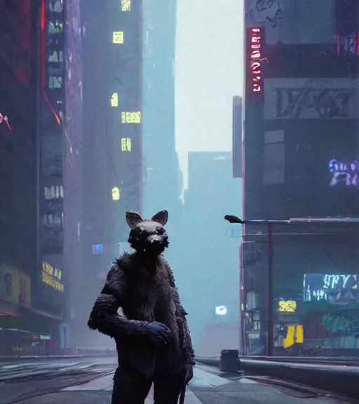 Image similar to new york city portrait of furry anthro anthropomorphic spotted hyena head animal person fursona wearing clothes strange cybernetic muzzle gloomy rainy screenshot from the video game cyberpunk 2077 digital art by Greg Rutkowski, Simon Stalenhag, christopher nolan trending on Artstation, CGSociety