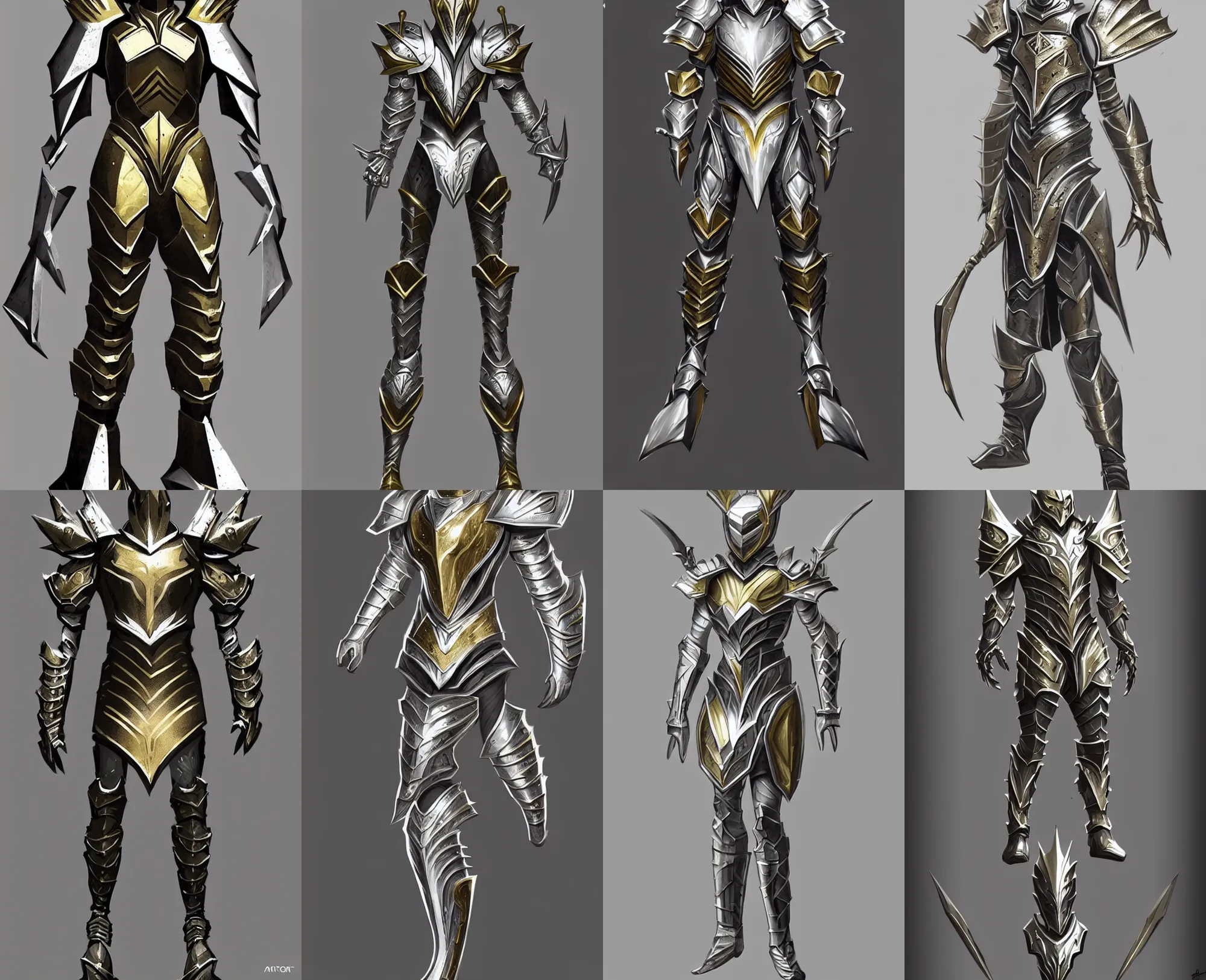 Prompt: fantasy armor, silver with gold trim, triangular body, fantasy concept art, artstation trending, clean, flat shading, minimialistic yet highly detailed