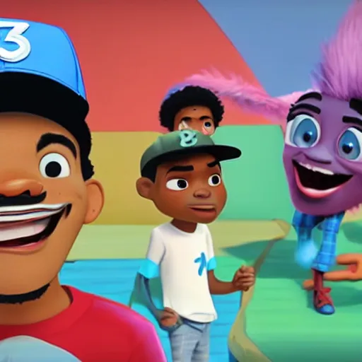 Image similar to a tv still of Chance The Rapper starring in a 2006 Pixar Animated movie