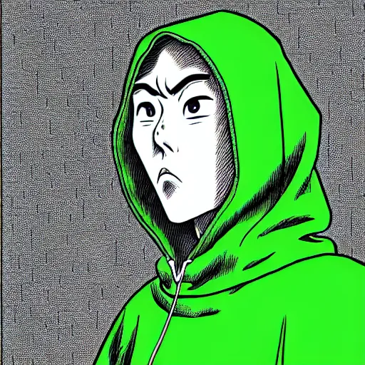 Image similar to portrait of programmer with green hood by junji ito