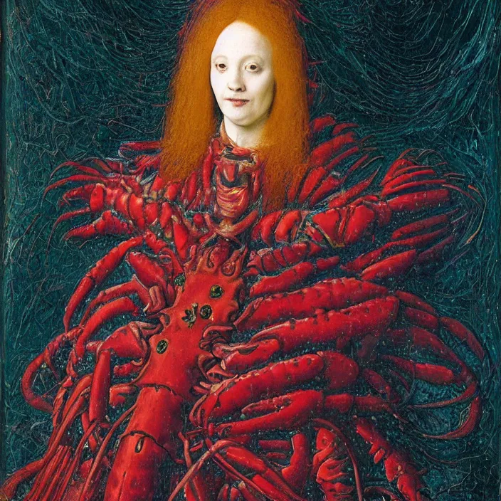 Prompt: a closeup portrait of a cloaked woman floating next to a lobster nebula, lobster nebula, by jan van eyck