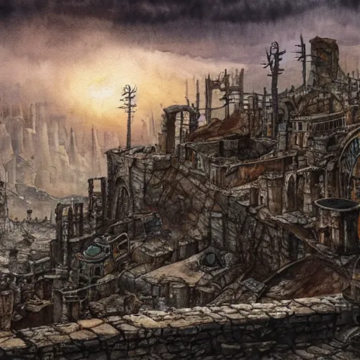Prompt: watercolour landscape painting of a dystopian ruined city by john blanche, high detail, very intricate, 4 k, 8 k, artstation