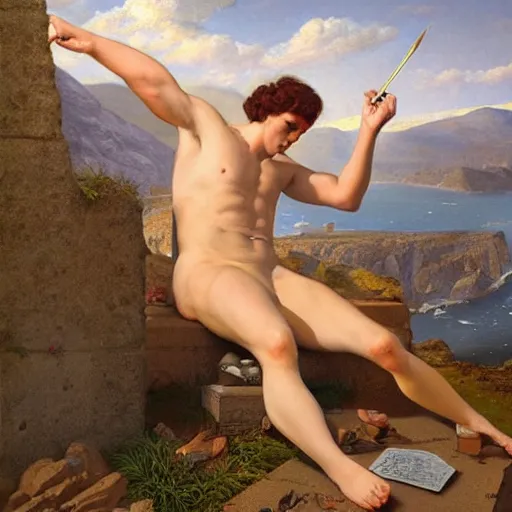 Prompt: very very very epic portrait of the greek man patroclus dressed sits on a tombstone on a cliff, dreamy and ethereal, highly detailed, digital painting, artstation, concept art, smooth, sharp focus, by gil elvgren,, concept art, smooth, sharp focus, by alberto vargas, by art frahm, by gil elvgren