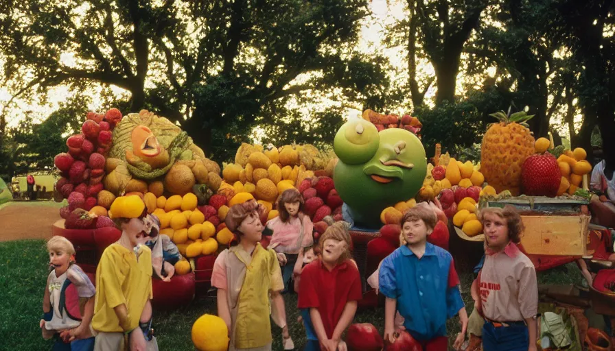 Prompt: 1990s candid photo of a beautiful day at the park, cinematic lighting, cinematic look, golden hour, large personified costumed fruit people in the background, Enormous fruit people mascots with friendly faces, kids talking to fruit people, UHD