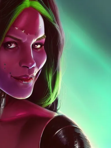 Image similar to gamora from guardians of the galaxy, portrait, digital painting, elegant, beautiful, highly detailed, artstation, concept art