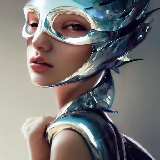 Image similar to A masterpiece portrait of a Incredibly beautiful futuristic high fashion model girl with designer mask. Vogue. trending on artstation, digital art, by Stanley Artgerm Lau, WLOP, Rossdraws, James Jean, Andrei Riabovitchev, Marc Simonetti, Yoshitaka Amano