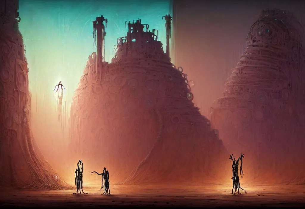 Prompt: A techno-magical shaman in shamanistic robes performs a ritual to resurrect a biomechanical horse in a huge steel ancient ruins covered of dunes of sand. Art by Finnian MacManus, Simon Stalenhag. Masterpiece, fantasy art, future, cinematic, hyperdetailed, sigils, photorealistic, cyberpunk, postapocalyptic, steampunk, hyperrealism, octane rendering, 8k, depth of field, bokeh, beautiful lighting.