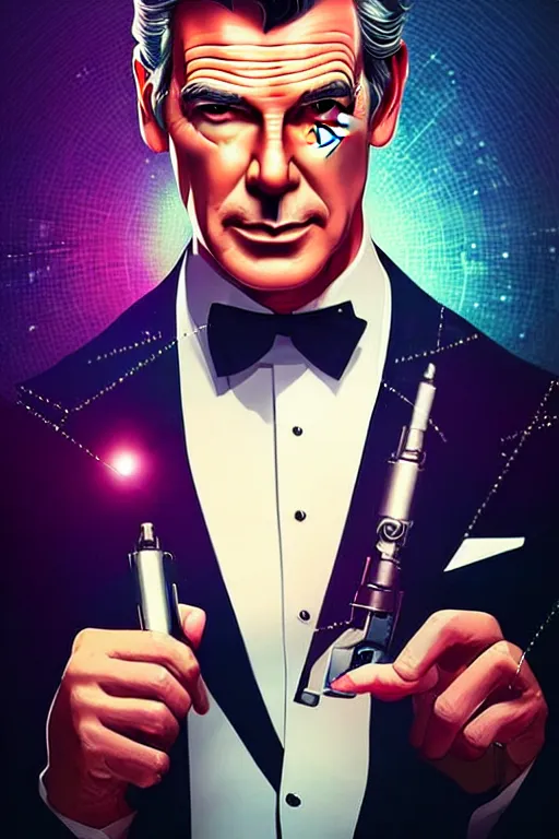 Image similar to Pierce Brosnan as James Bond, art deco background, cinematic bokeh, intricate James Bond background, elegant!, sharp focus, art by Artgerm and beeple and WLOP