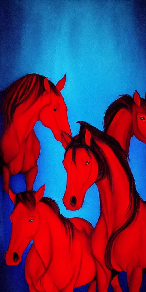 Prompt: red horses with blue riders, too many teeth, too many eyes, in hoc signo vinces, waterfall, in the style of gottfried helnwein, light by caravaggio, part by rodcenko, part by hofbauer, high contrast chiaroscuro, intricate composition, blue light, insanely quality, highly detailed, masterpiece, red light, artstation