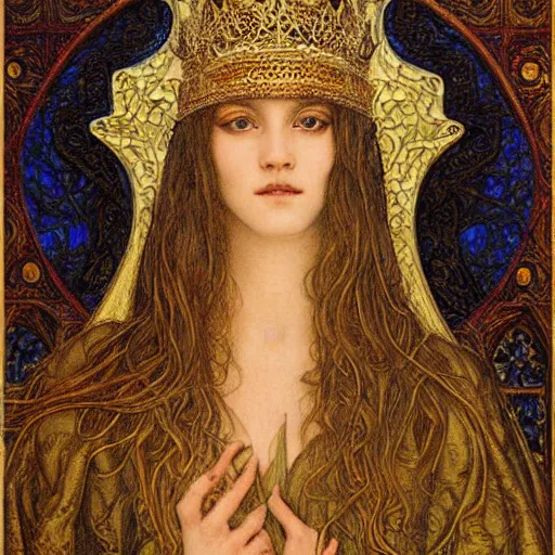 Prompt: detailed realistic portrait of a beautiful young medieval queen by jean delville, art nouveau, symbolist, visionary, gothic