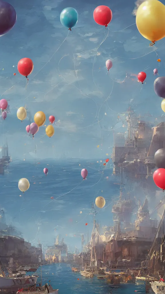 Prompt: a lot of birthday balloons floating above a beautiful maritime port. digital art. artstation cgsociety masterpiece