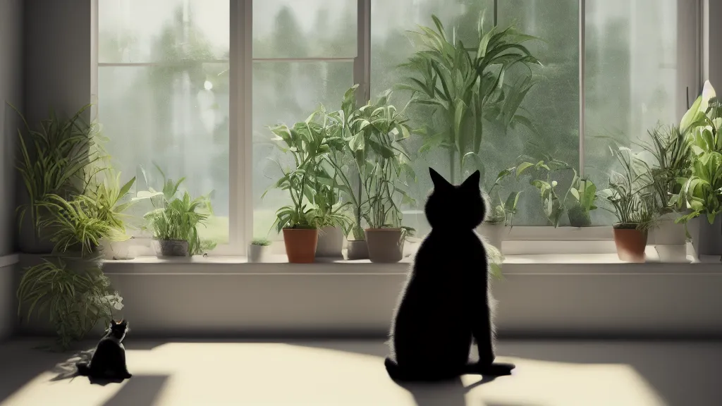 Image similar to peaceful dreamy painting of a content black cat sitting by a window and looking outside, sunshine coming through the window, small plants on the window sill, 8k, hyper realism, trending on artstation, octane render