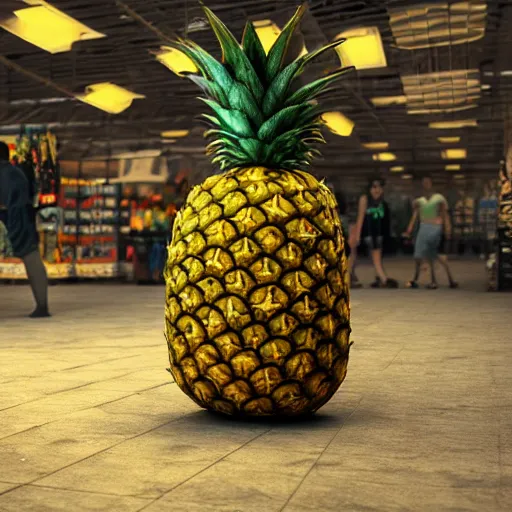 Image similar to huge monstrous pineapple destroys the store, 8 k, 4 k, trending on artstation, artstationhd, artstationhq, octane render