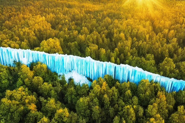 Prompt: areal view of a tall ice wall, spanning across a green forest, fantasy, digital art, brilliant, sunrise