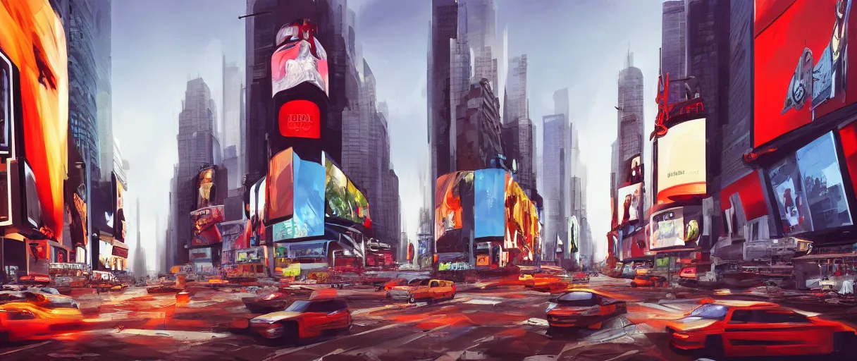 Image similar to huge modern downtown city, billboards, advertisements, Times Square, small buildings, dark, concept art, digital painting, style of Ian Hubert, warm lighting, futuristic, volumetric lighting, street view, daytime, godrays , high detail