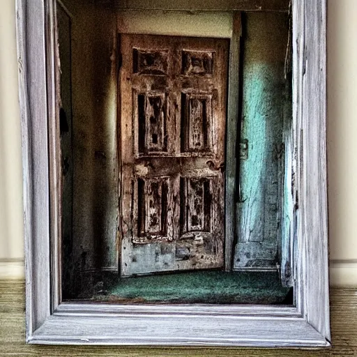 Prompt: a scary painting of a door in an moldy dusty frame