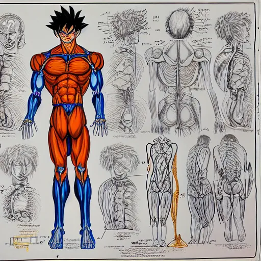 Image similar to anatomical, labeled, medical drawing of goku with annotations to body parts, anime