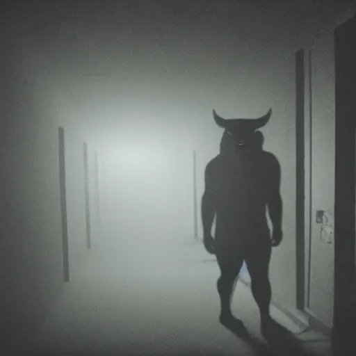 Image similar to hi - 8 night vision camera footage of a barely visible, bipedal minotaur with shrouded in darkness at the end of an extremely dark hallway