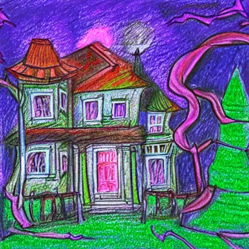 Image similar to pastels drawing of a haunted house, crazy colors, colorful, scary, cartoonish