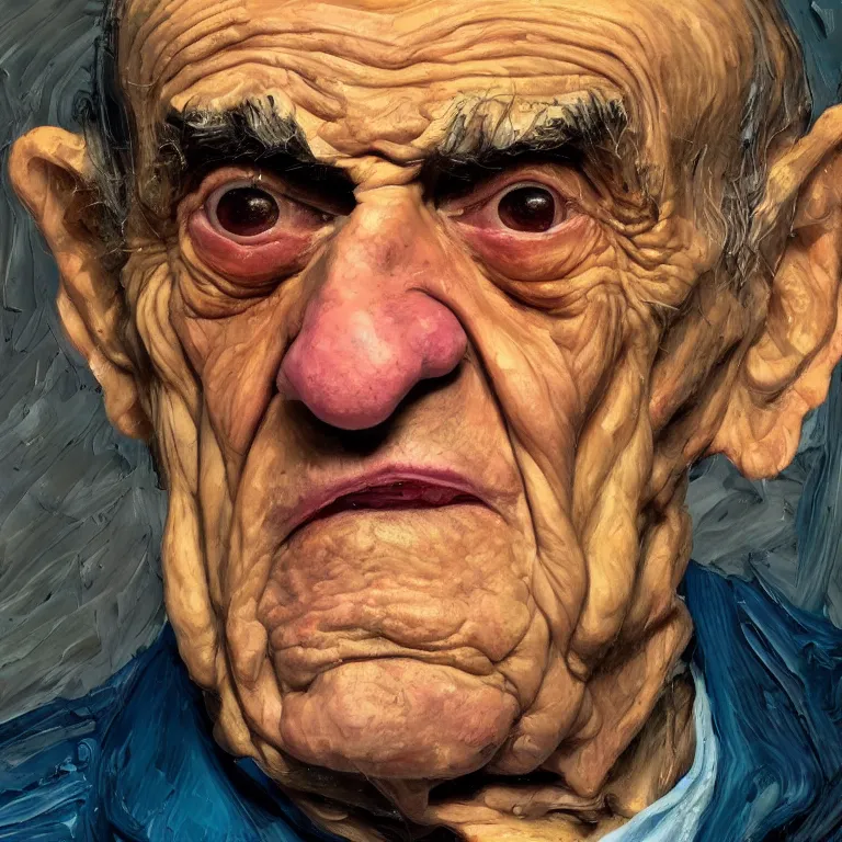 Prompt: warmly lit close up studio portrait of aging old Abe Vigoda age 115 wrinkled sad, impasto oil painting thick brushstrokes by Lucian Freud and Cy Twombly and Tim Hawkinson , trending on artstation dramatic lighting Expressionism