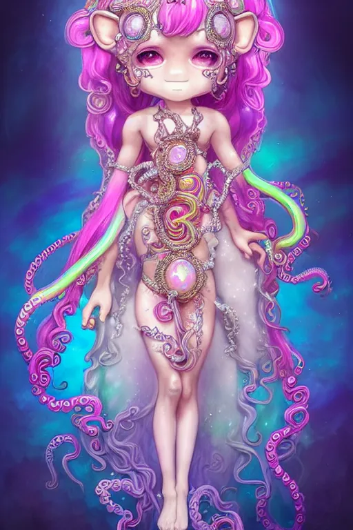 Image similar to A full body shot of a cute young magical girl wearing an ornate dress made of opals and tentacles. Chibi Monster GIrl. Subsurface Scattering. Dynamic Pose. Translucent Skin. Rainbow palette. defined facial features, symmetrical facial features. Opalescent surface. Soft Lighting. beautiful lighting. By Giger and Ruan Jia and Artgerm and WLOP and William-Adolphe Bouguereau and Loish and Lisa Frank. Fantasy Illustration. Sailor Moon. Masterpiece. trending on artstation, featured on pixiv, award winning, cinematic composition, dramatic pose, sharp, details, Hyper-detailed, HD, HDR, 4K, 8K.