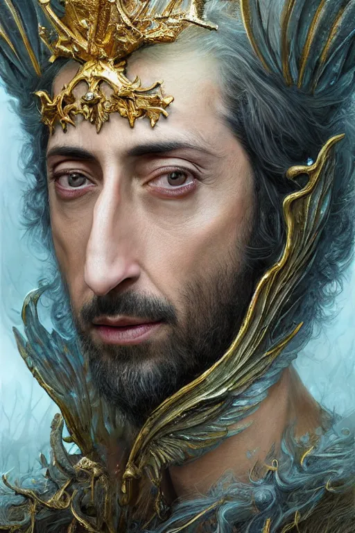 Prompt: closeup portrait shot of adrien brody as king oberon, fairy wings, lord of beasts, highly detailed, digital painting, artstation, concept art, soft focus, depth of field, artgerm, tomasz alen kopera, peter mohrbacher, donato giancola, wlop, boris vallejo