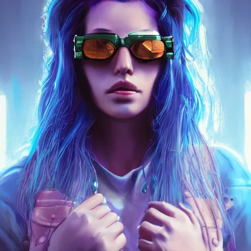 Prompt: very detailed masterpiece closeup painting of a very beautiful young mexican cyberpunk woman with light blue shutter shades, one side haircut, long brown hair with light blue ends, purple leather jacket, beauty mark on cheek, portrait, synthwave background, artstation, concept art by greg rutkowski