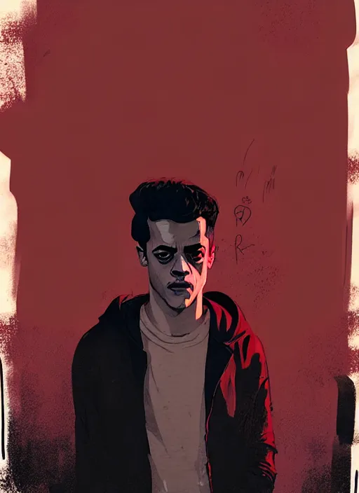 Image similar to highly detailed moody portrait of rami malek, elliot anderson, black hoody by atey ghailan, by greg rutkowski, by greg tocchini, by james gilleard, by joe fenton, by kaethe butcher, gradient red, black and white color scheme, grunge aesthetic!!! ( ( graffiti tag wall background ) )