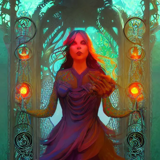 Prompt: dreamlike necromancer garden fantasycore , glossy painting, Art Nouveau Cosmic 4k Detailed Matte Illustration featured on Getty Images ,CGSociety, Jade and Carrot orange color scheme, Pastiche by Marc Simonetti, Pastiche by Cedric Peyravernay