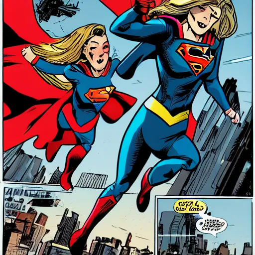 Image similar to in the style of Rafael Albuquerque comic art, Supergirl rushing to help the citizens of Liberty City.