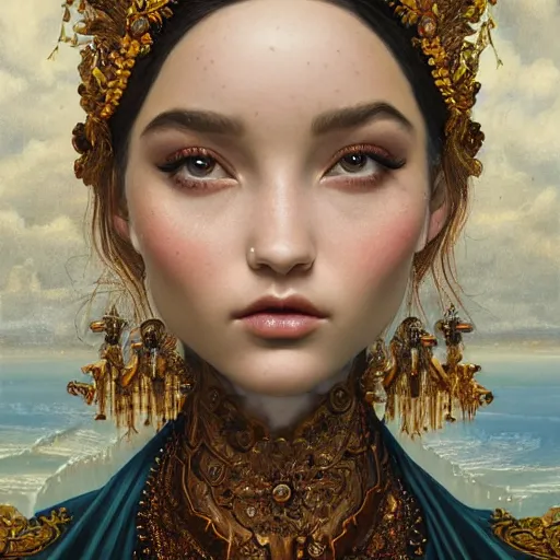 Image similar to tom bagshaw portrait, beautiful asian mix of dove cameron madison beer bella poarch in a full dress body, water goddess queen makeup and ornamentals, professionally retouched, focus eyes, ultra realistic soft painting, insanely detailed linework, symmetrical accurate intricate features, behance, 8 k