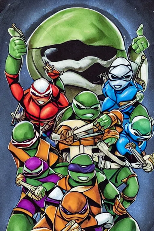 Image similar to the teenage mutant ninja turtles as power rangers, mosaic