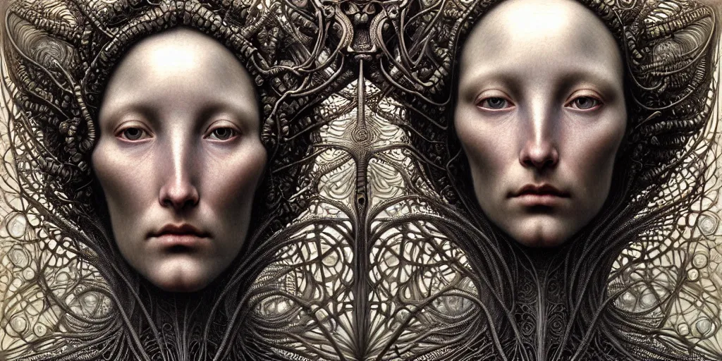 Image similar to detailed realistic beautiful cyborg face portrait by jean delville, gustave dore, iris van herpen and marco mazzoni, art forms of nature by ernst haeckel, art nouveau, symbolist, visionary, gothic, neo - gothic, pre - raphaelite, fractal lace, intricate alien botanicals, ai biodiversity, surreality, hyperdetailed ultrasharp octane render