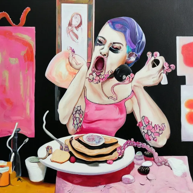 Prompt: a portrait in a female artist's bedroom, black walls, emo girl eating pancakes, berries, surgical supplies, handmade pottery, flowers, sensual, octopus, neo - expressionism, surrealism, acrylic and spray paint and oilstick on canvas