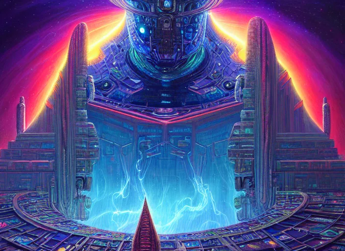 Prompt: a beautiful painting of a large cyber robot altar shrouded by mystic nebula magic in an endless temple library by moebius and android jones, galactic waterfalls, oil on canvas sharp, details, hyper - detailed, hd, hdr, 4 k, 8 k