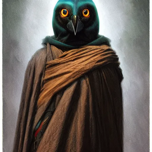 Prompt: kon - dam kenku, artistically anthropomorphic black bird head. cloaked hood down, science fiction, portrait by donato giancola and greg rutkowski and wayne barlow. top all time r / imaginarycyberpunk.