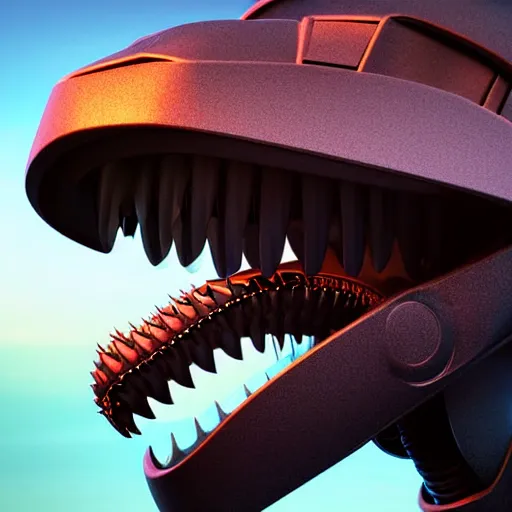 Prompt: close up maw shot of a cute stunning robot anthropomorphic female dragon, with sleek silver armor, a black OLED visor over the eyes, looking at the camera, her dragon maw open in front of the camera, camera looking down into the maw, seeing the gullet, tongue, and teeth, about to consume you, on the beach at sunset, highly detailed digital art, furry art, anthro art, sci fi, warframe art, destiny art, high quality, 3D realistic, mawshot, dragon art, Furaffinity, Deviantart