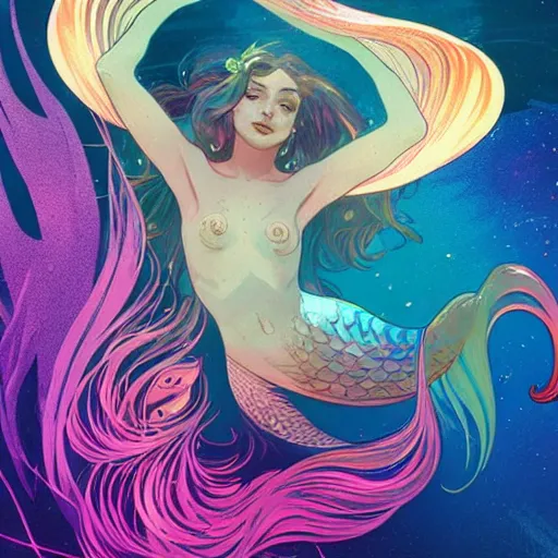 Image similar to a mermaid with a beautiful psychedelic fin, cinematic lighting, soft bokeh, fantasy, modern, colourful, highly detailed, digital painting, artstation, deviantart, concept art, sharp focus, illustration, alphonse mucha, edward hopper