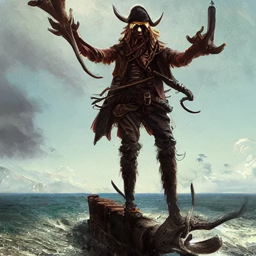 Image similar to anthropomorphic moose pirate humanoid by greg rutkowski, pirate ship, sea, fantasy