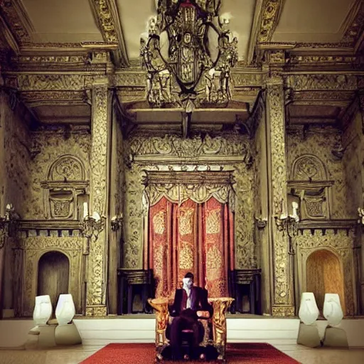 Prompt: king on a throne in a massive castle with beautiful furniture