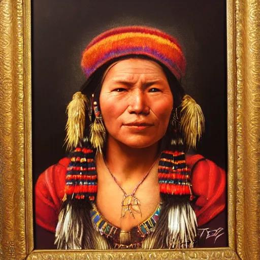 Prompt: portrait of an inca woman ( 3 5 ) from south america, an oil painting by ross tran and thomas kincade