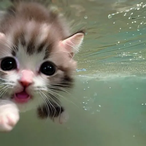 Image similar to a cute baby kitten swimming underwater trying to catch a fish, (((water bubbles))), award-winning photograph, national geographic, 8K UHD