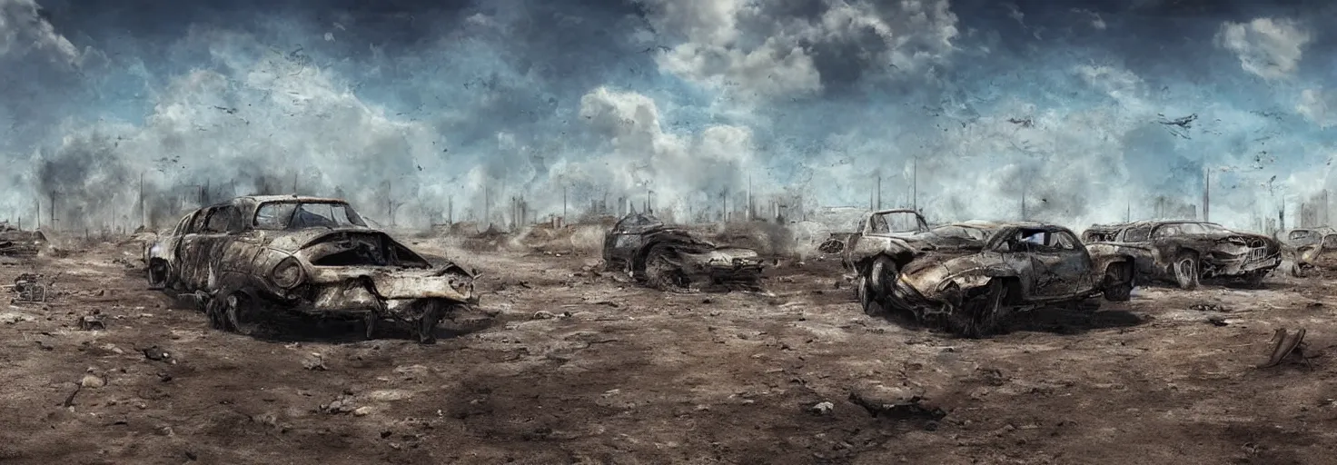 Image similar to wastelands by day, detailed ground, blue sky, smoke, end of war, vehicle wrecks, as seen by the artist, digital artist, simple composition