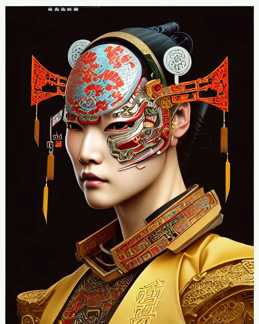 Image similar to portrait of a chinese cyberpunk machine, machine face, upper half portrait, decorated with chinese opera motifs, regal, asian, fine china, wuxia, traditional chinese art intricate intense elegant 京 剧 highly detailed digital painting artstation concept art smooth sharp focus illustration, art by artgerm and greg rutkowski alphonse mucha 8 k