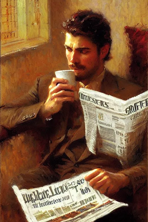 Image similar to attractive man drinking coffee and reading newspaper, painting by gaston bussiere, craig mullins