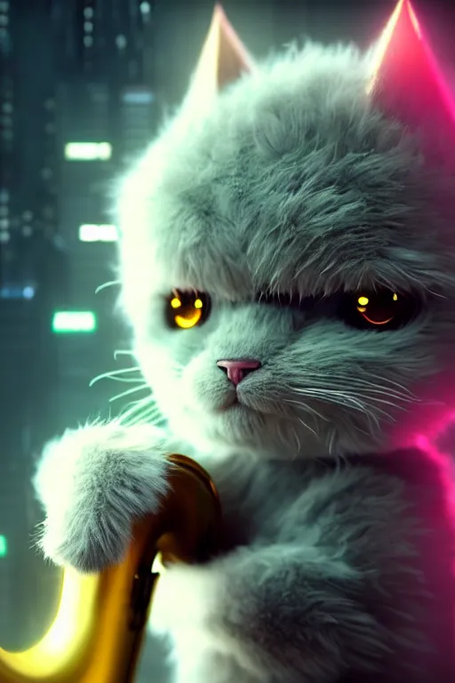 Image similar to high quality 3 d render very cute fluffy cyborg!! cat plays saxophone, cyberpunk highly detailed, unreal engine cinematic smooth, in the style of blade runner & detective pikachu, hannah yata charlie immer, moody light, low angle, uhd 8 k, sharp focus